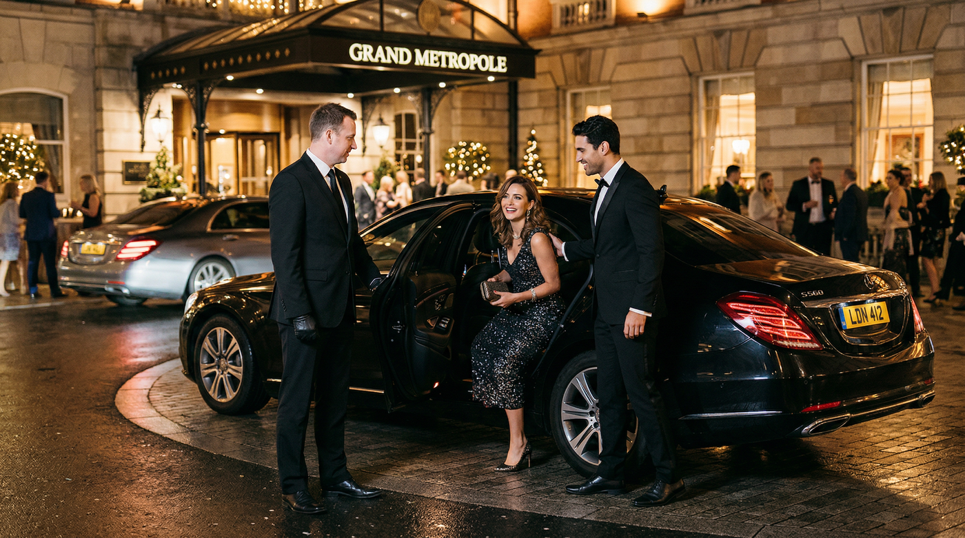 GoSedan chauffeur assisting guests arriving at a hotel
